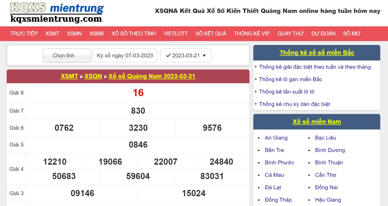 Giao diện xem kết quả xổ số